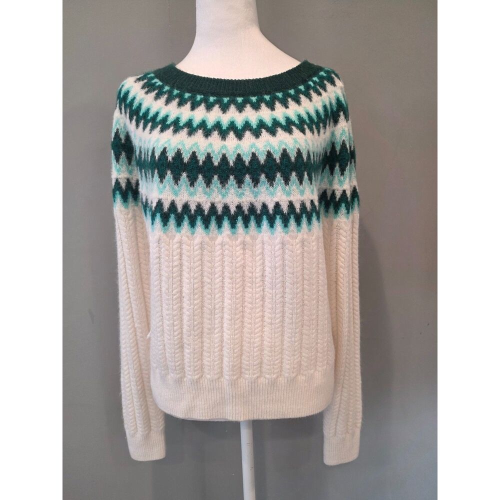 Draper James Green Fair Isle Cable Knit Sweater Ivory XL Cozy Cabin Apres Ski